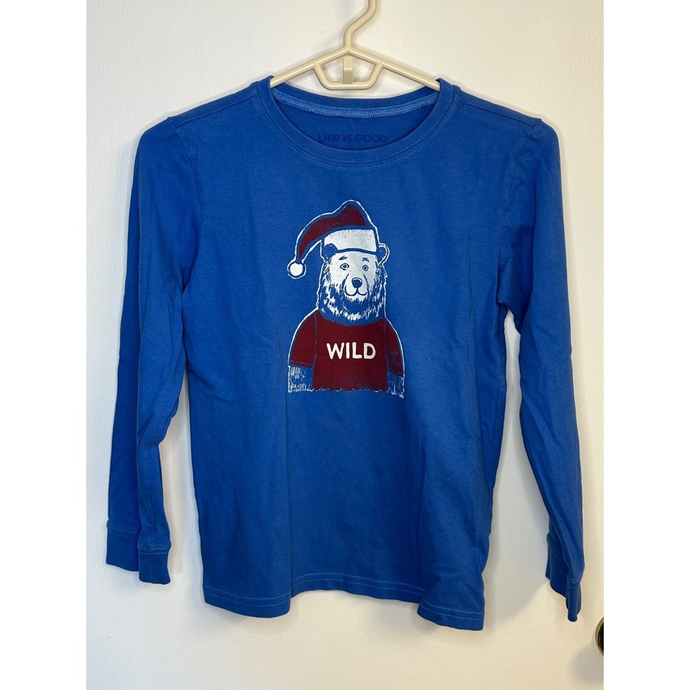 Life Is Good Kids Size L Blue WILD Santa Bear Long Sleeve T-Shirt